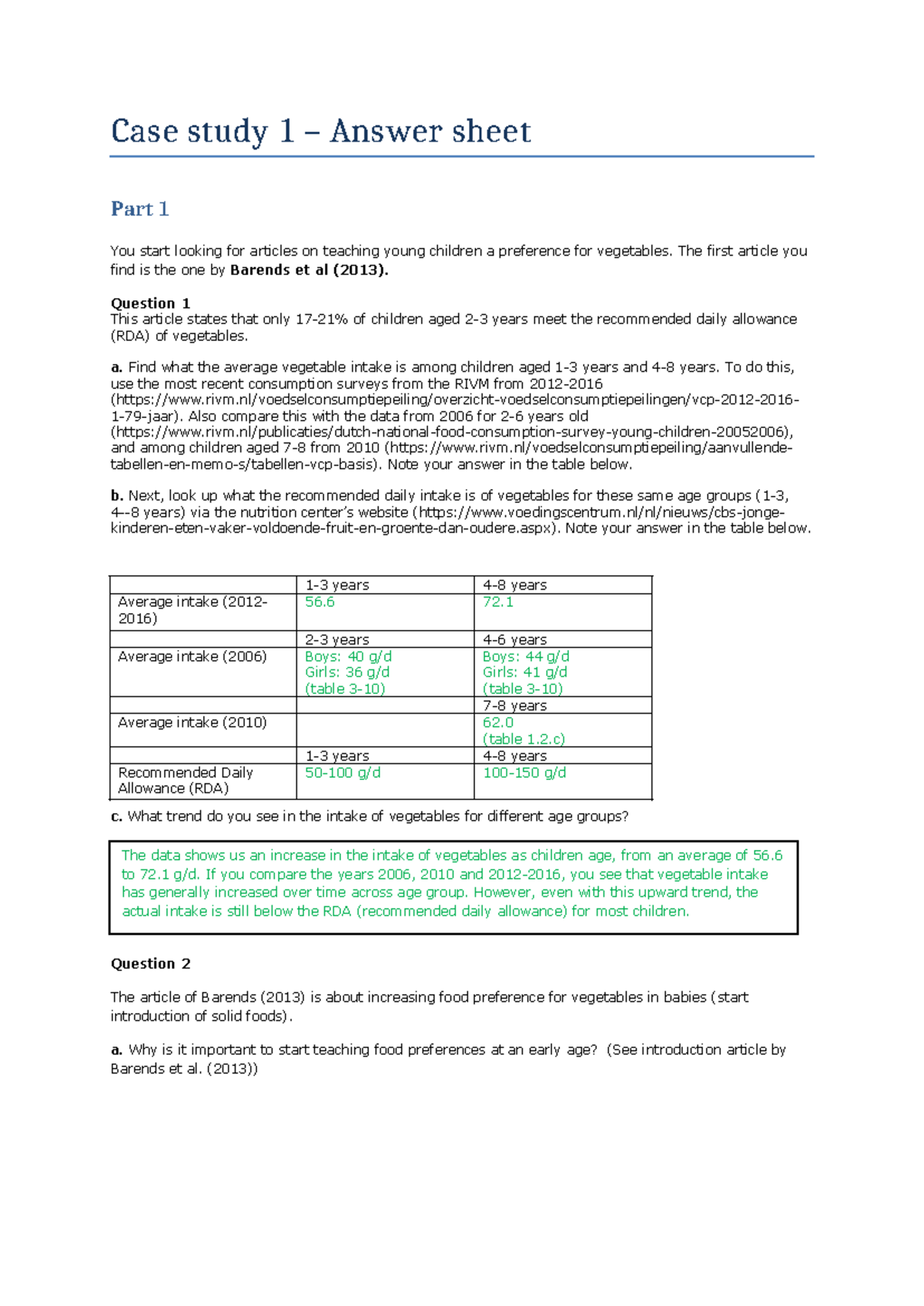 Case Study 1: Increasing Young Children's Vegetable Intake - Answer ...