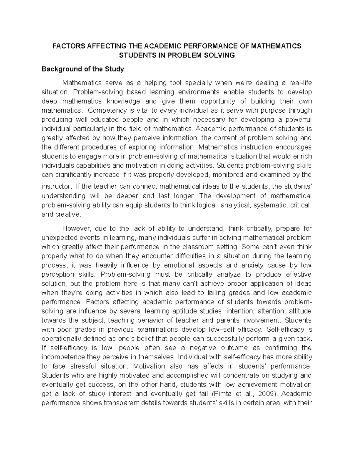 Factors Influencing Academic Performance of Math Students in Problem ...