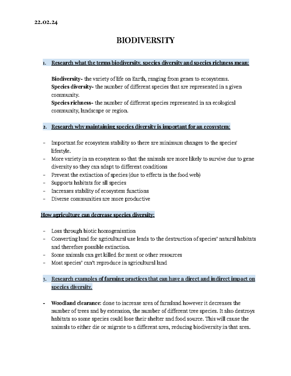 Biodiversity - Different questions - 22. BIODIVERSITY Research what the ...