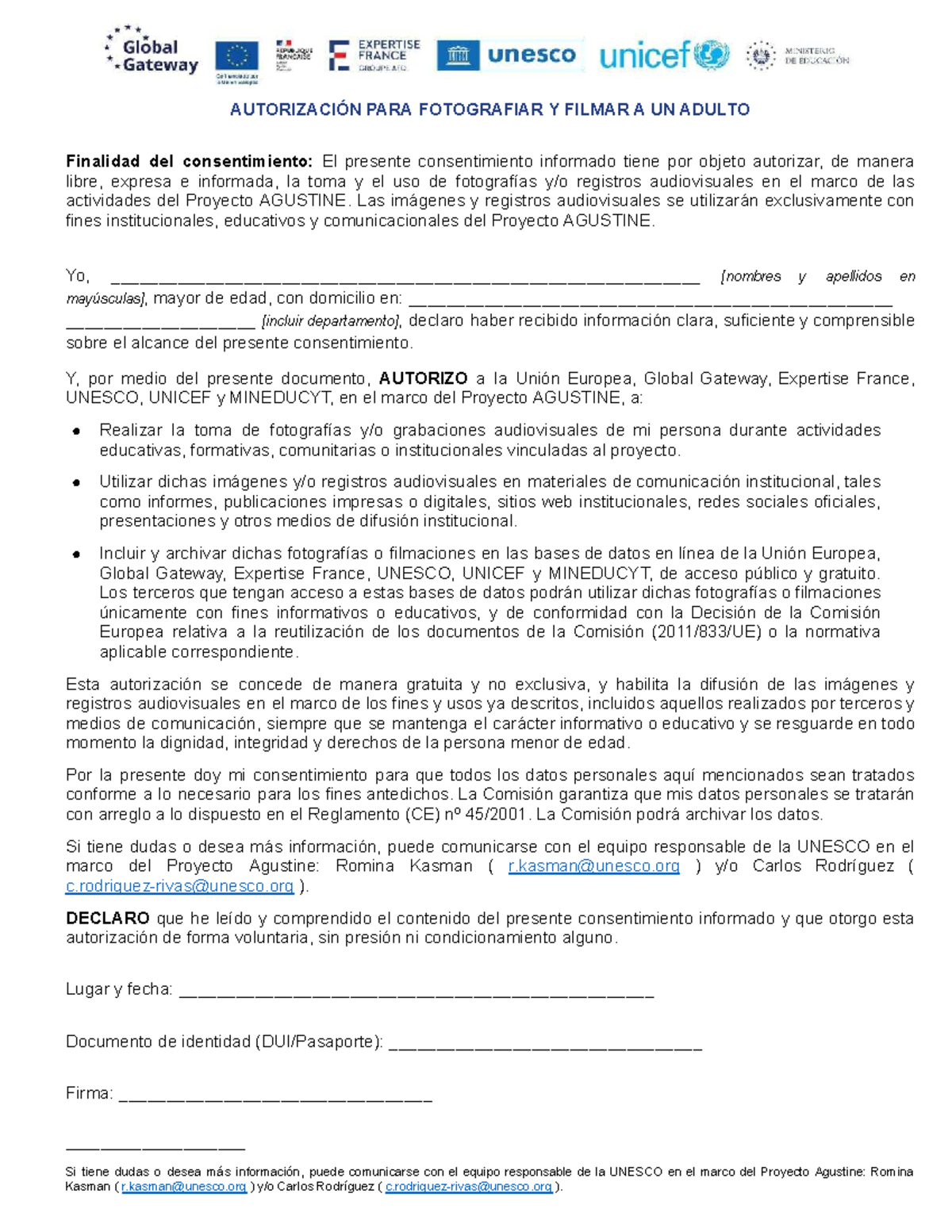 AUTORIZACIÓN PARA FOTOGRAFIAR Y FILMAR A UN ADULTO - Proyecto AGUSTINE - Document Preview