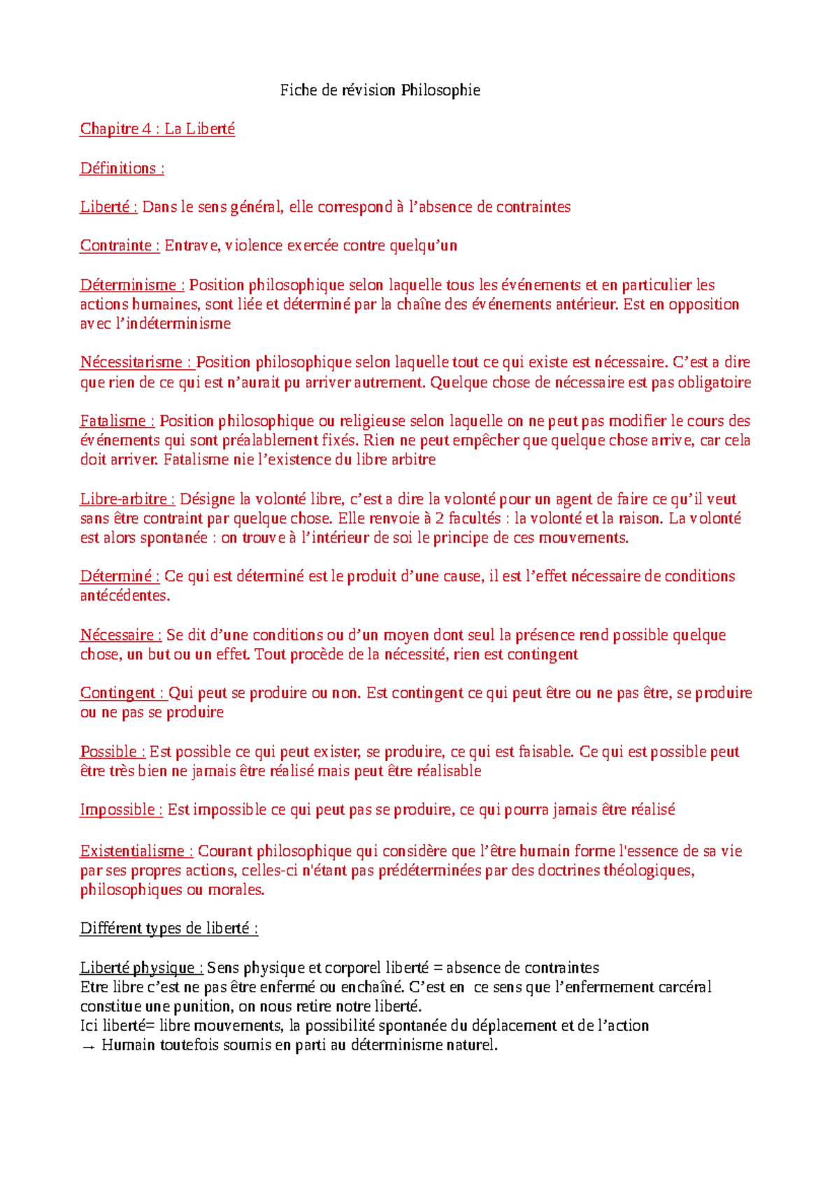 Fiche de révision Philosophie - Chapitre 4 : La Liberté et ses Concepts ...