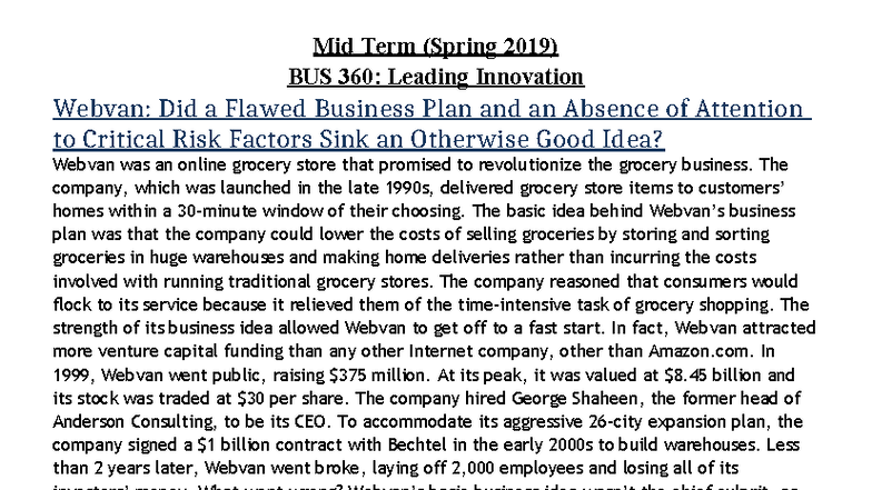 Midterm Exam (Spring 2019) BUS 360: Analyzing Webvan's Business Failure ...