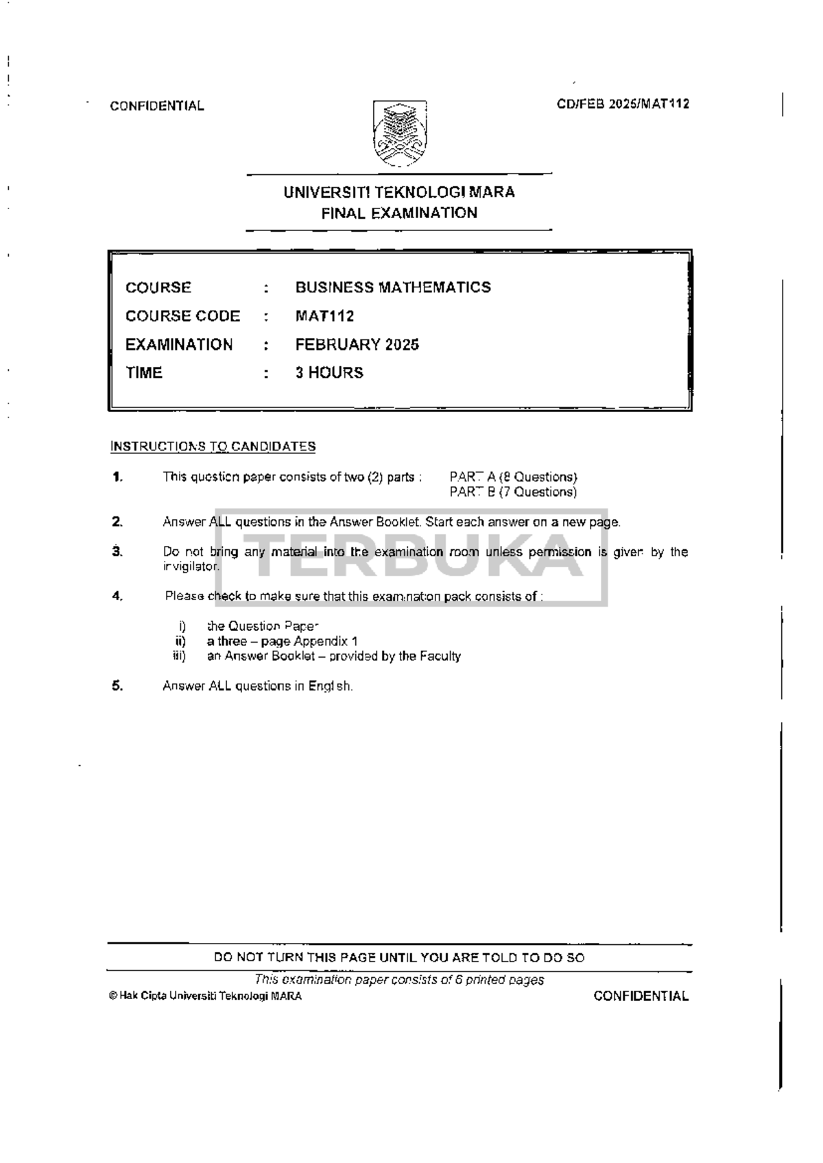 MAT112 - Business Mathematics Final Exam Paper February 2025 - Studocu