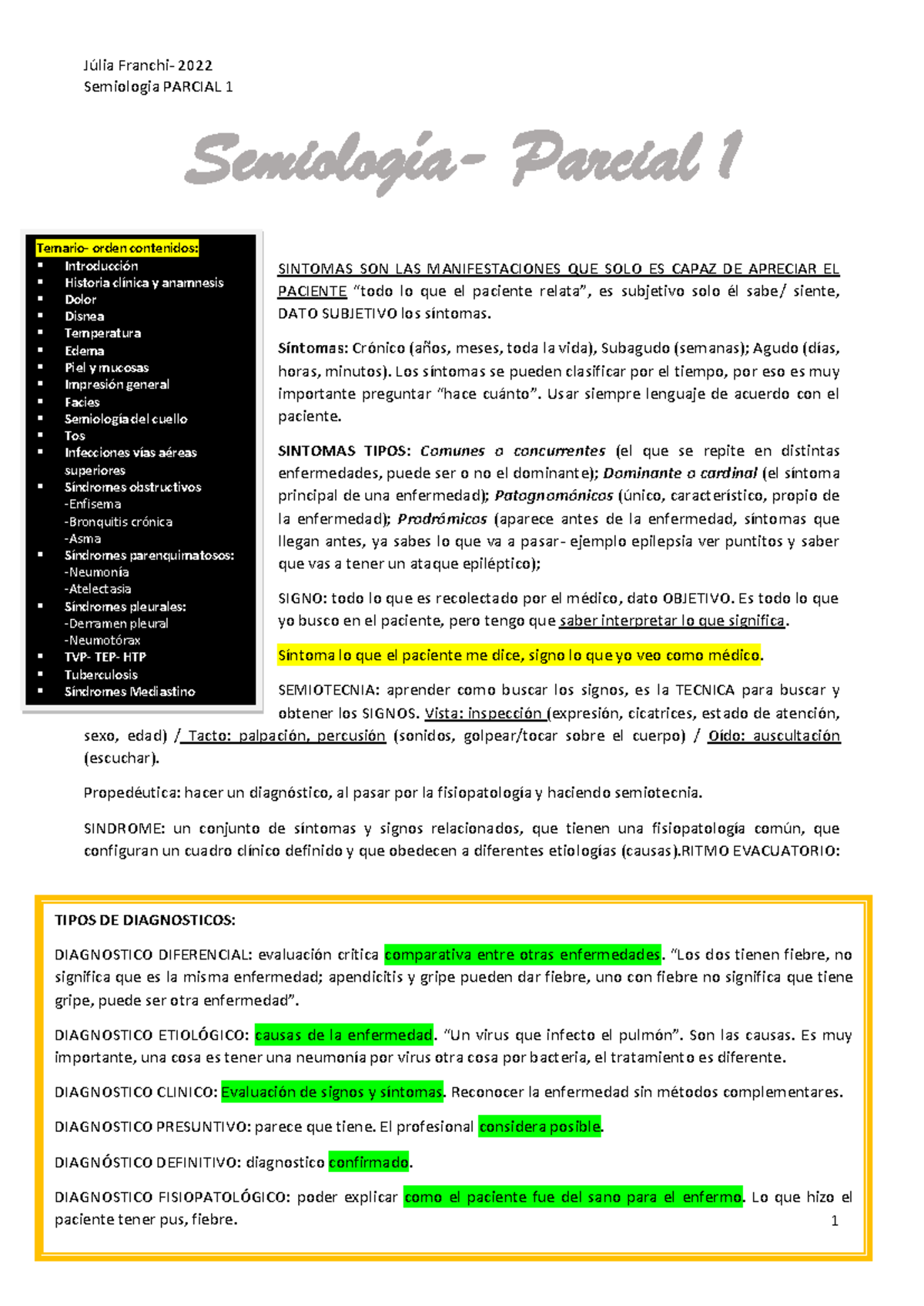 Semiología Respiratoria PARCIAL 1 - Júlia 2022: Contenidos y Diagnósticos - Document Preview