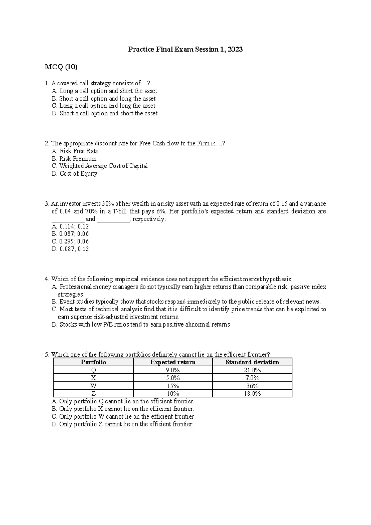 Practice Final Exam - Finance 2023: MCQs & Long Questions Review - Studocu