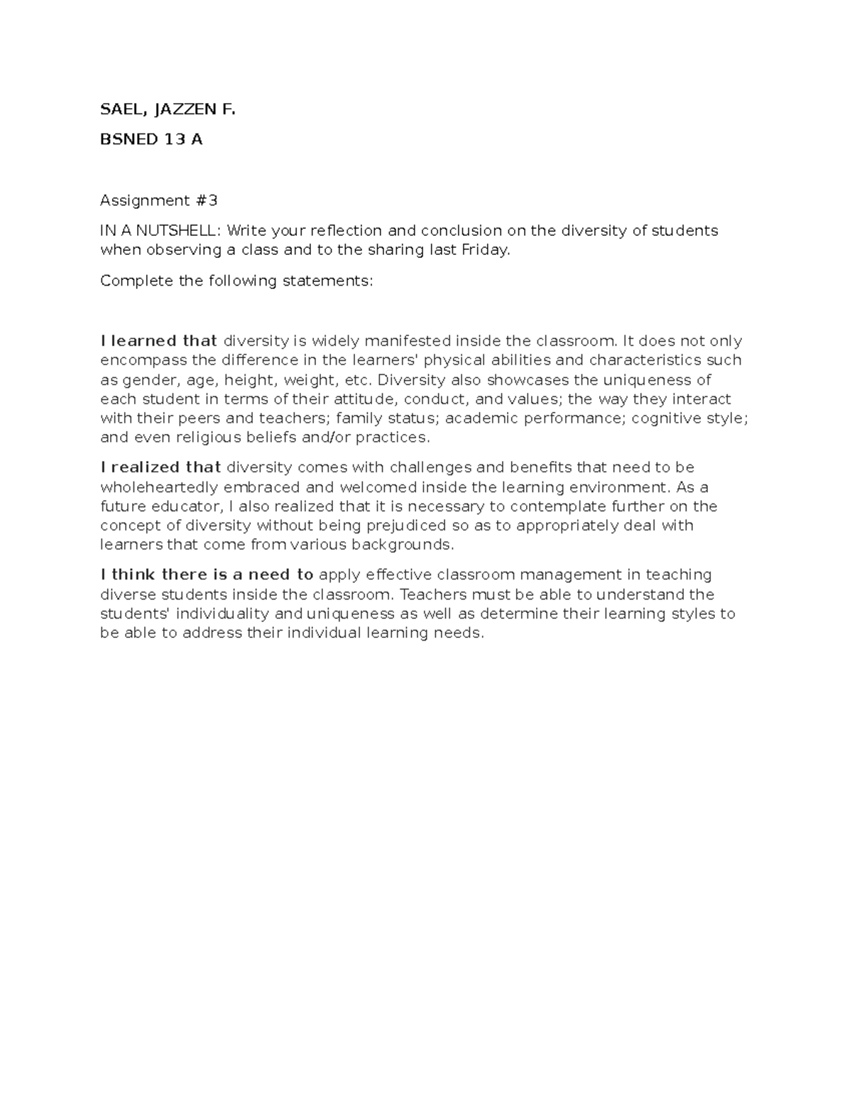 BSNED 13 A - Assignment 3 Reflection on Classroom Diversity - Studocu