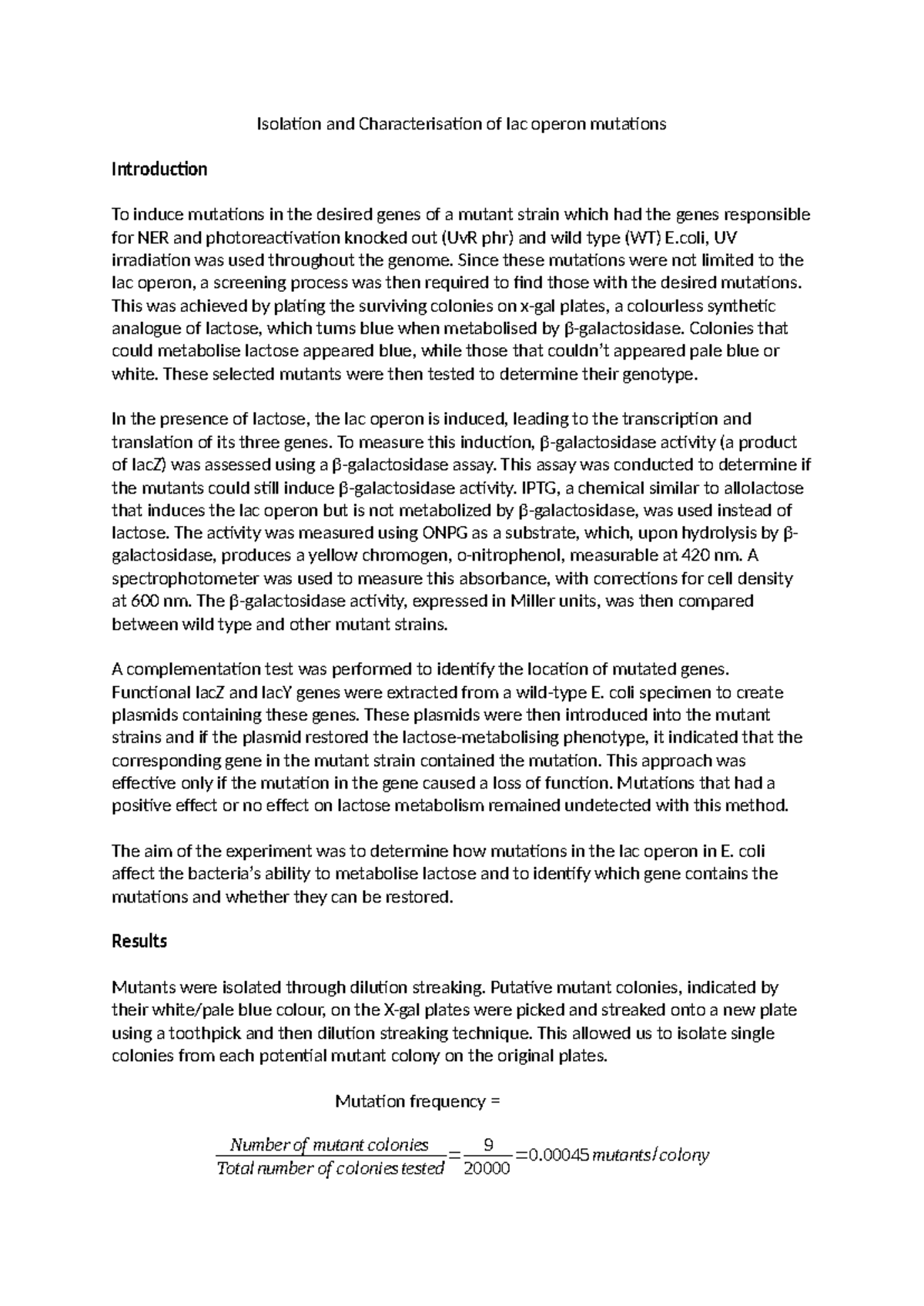 BIOL2161 Final Report: Isolation and Characterization of lac Operon ...