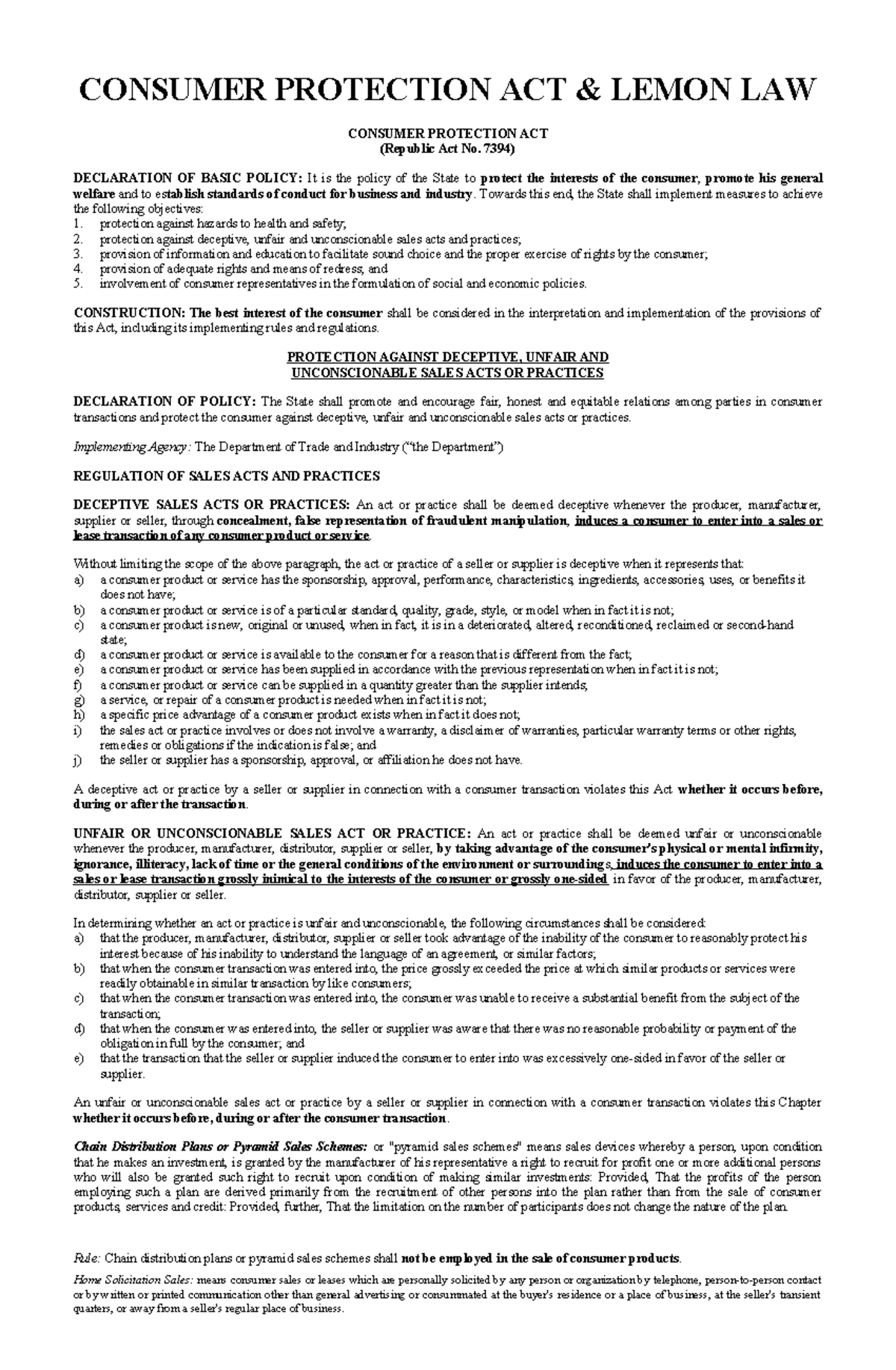 Consumer Protection Act & Lemon Law Overview: Key Provisions and ...