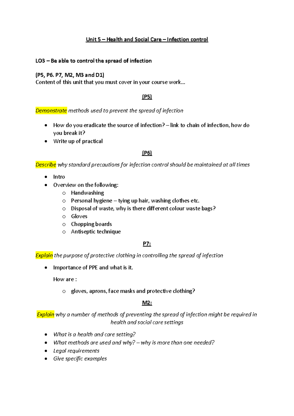 Unit 5 Health & Social Care: Infection Control Methods (LO3) - Studocu