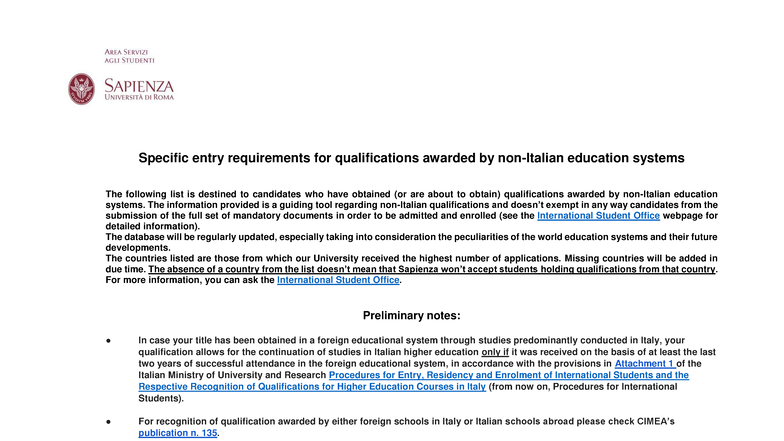 Entry Requirements for International Qualifications - Sapienza ...