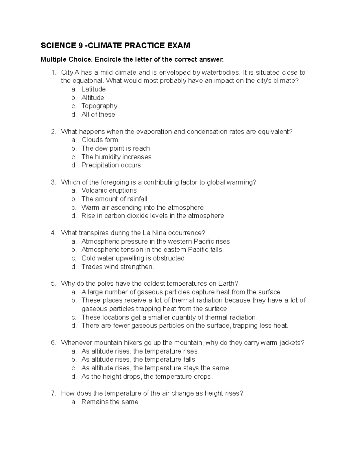 Science 9 - Climate Practice Exam Questions and Answers - Studocu