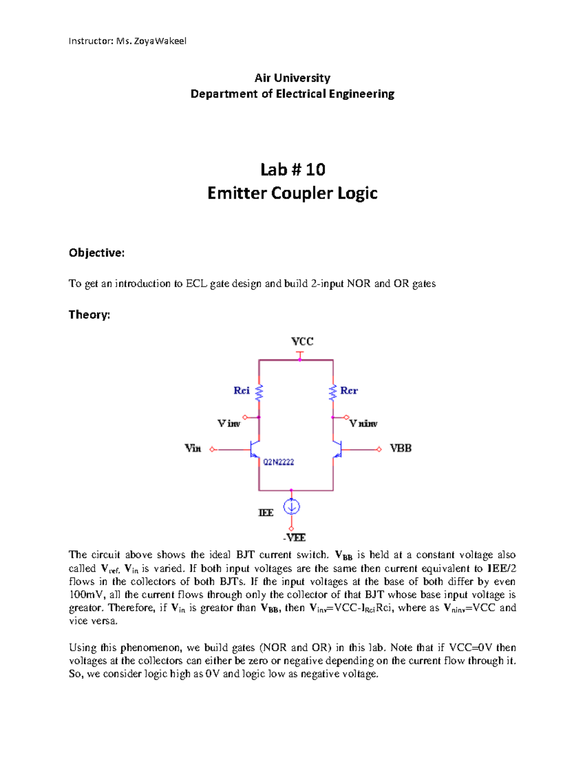Lab #10: Emitter Coupler Logic Gates Design and Experimentation - Studocu