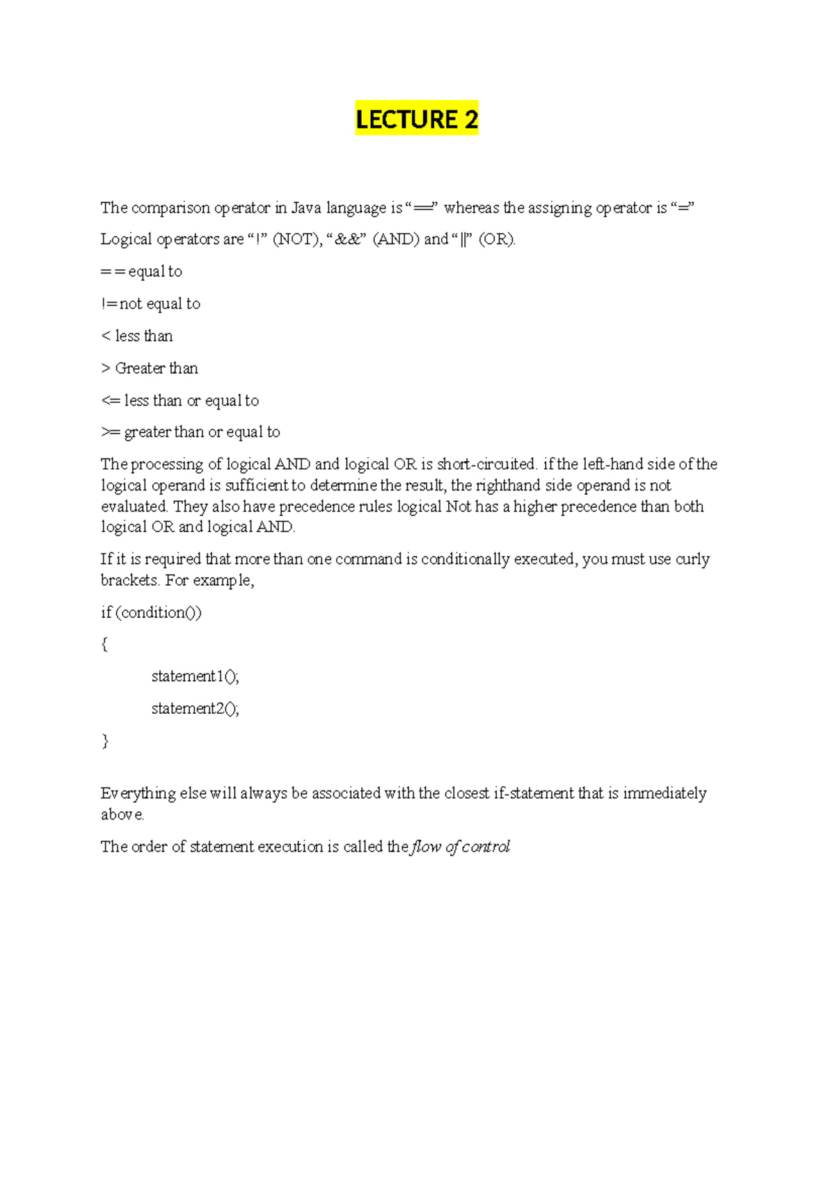COMP1005 Java Operators and Control Flow Notes - Studocu