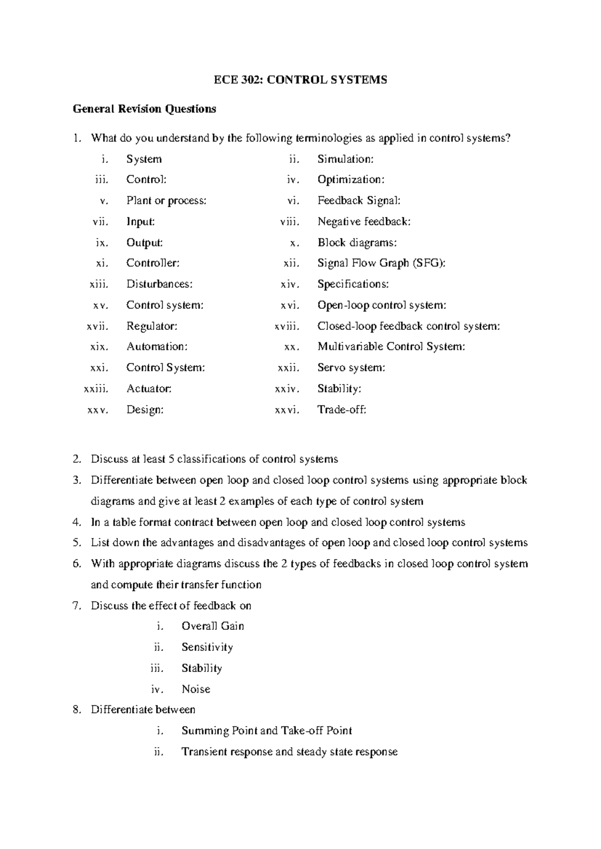 ECE 302 Control Systems: Key Revision Questions & Concepts - Studocu