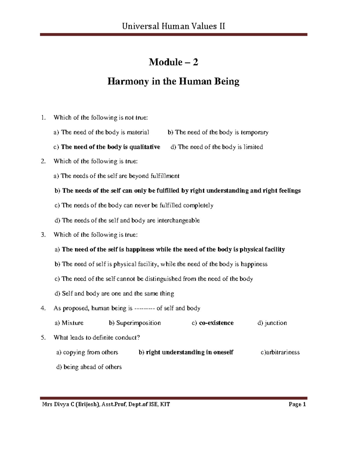 Module 2 - UHV MCQ's: Exploring Harmony in Human Values - Studocu