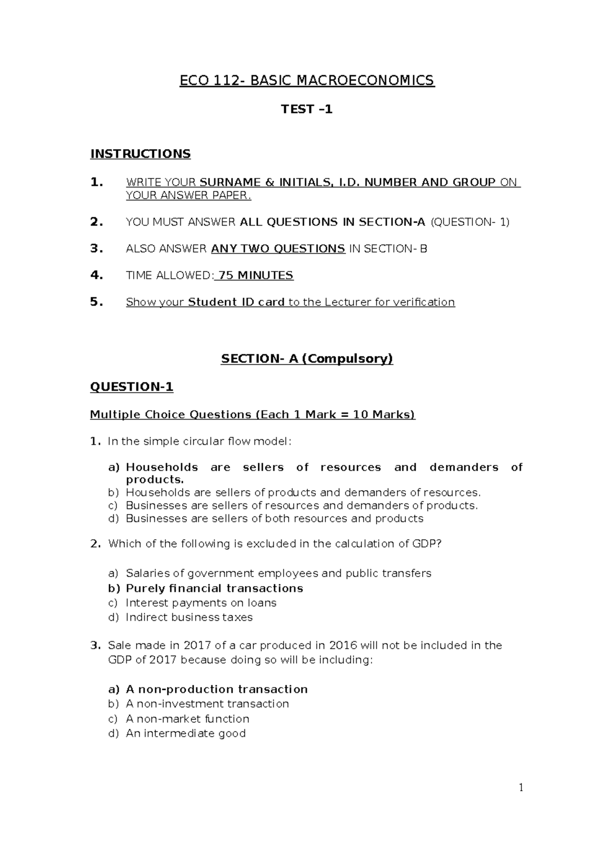 ECO 112 Test 1 - Macroeconomics Exam Instructions and Questions - Studocu