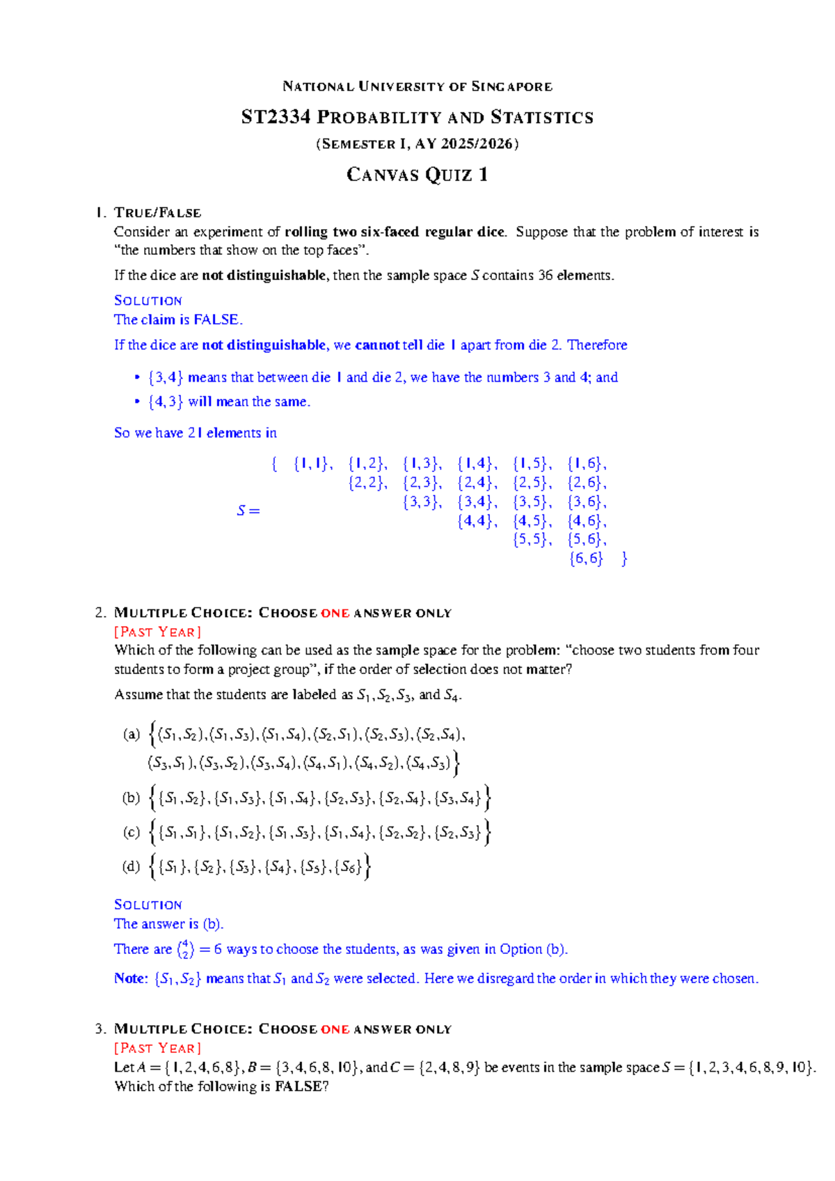ST2334 Probability and Statistics: Canvas Quiz 01 Solutions - Studocu
