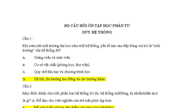 Câu hỏi ôn tập học phần TDHT: Tư duy hệ thống - Studocu