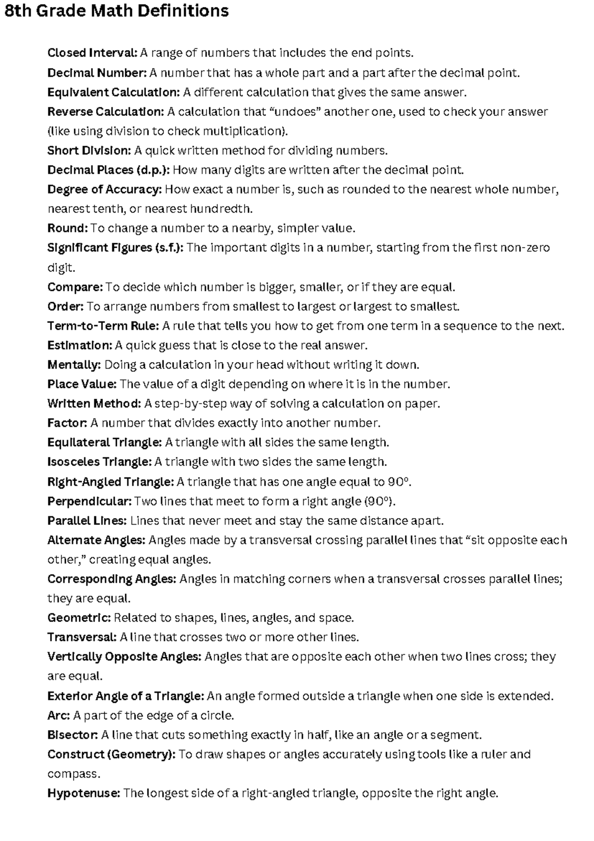 8th Grade Math Definitions: Key Terms and Concepts - Studocu