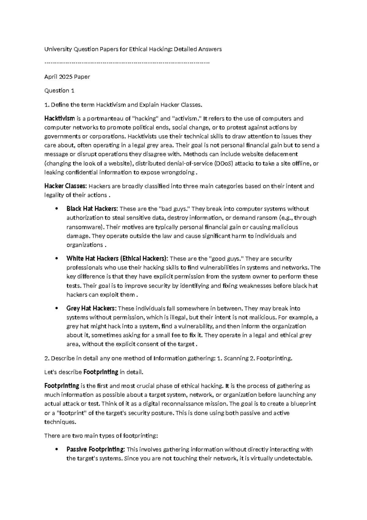 University Ethical Hacking Question Paper: Detailed Answers 2025 - Studocu