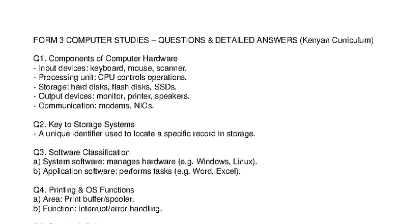 F3 Computer Studies Detailed Answers: Comprehensive Guide - Studocu