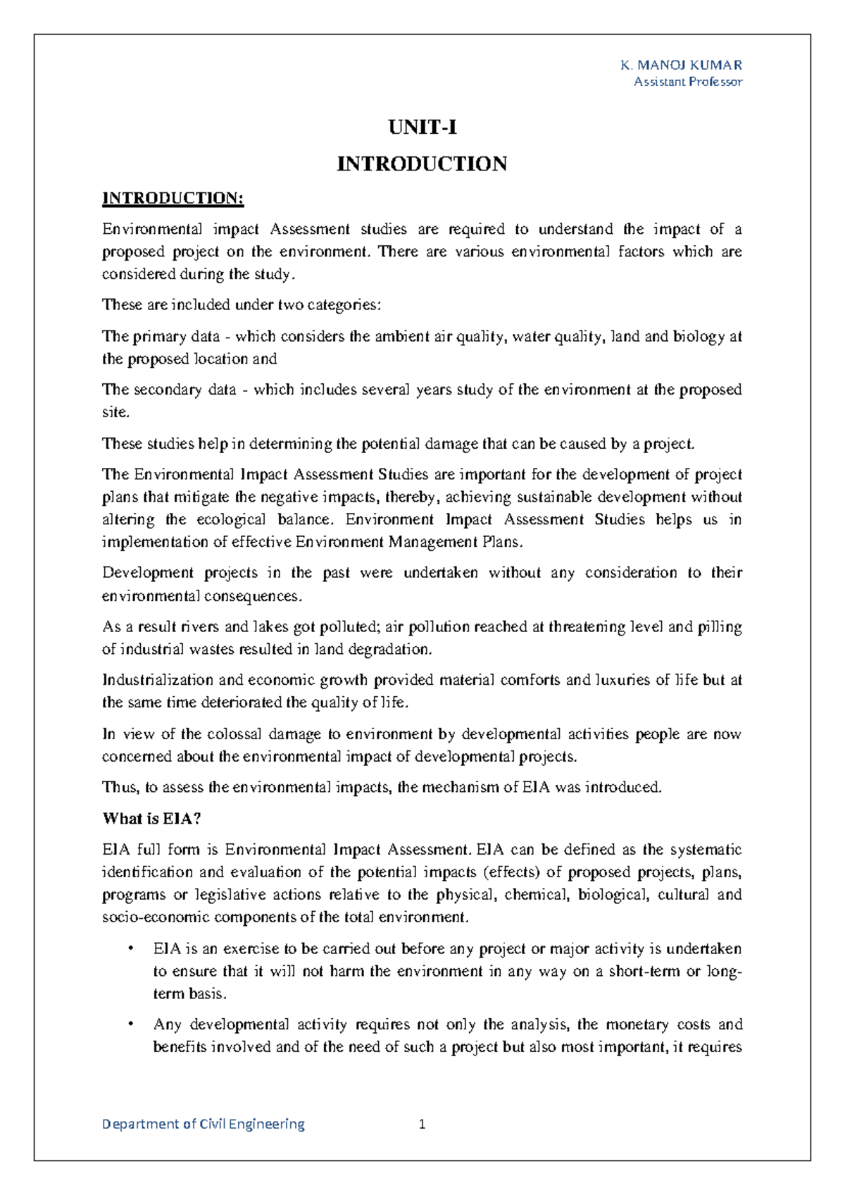 UNIT-I Environmental Impact Assessment (EIA) Notes for Study - Studocu