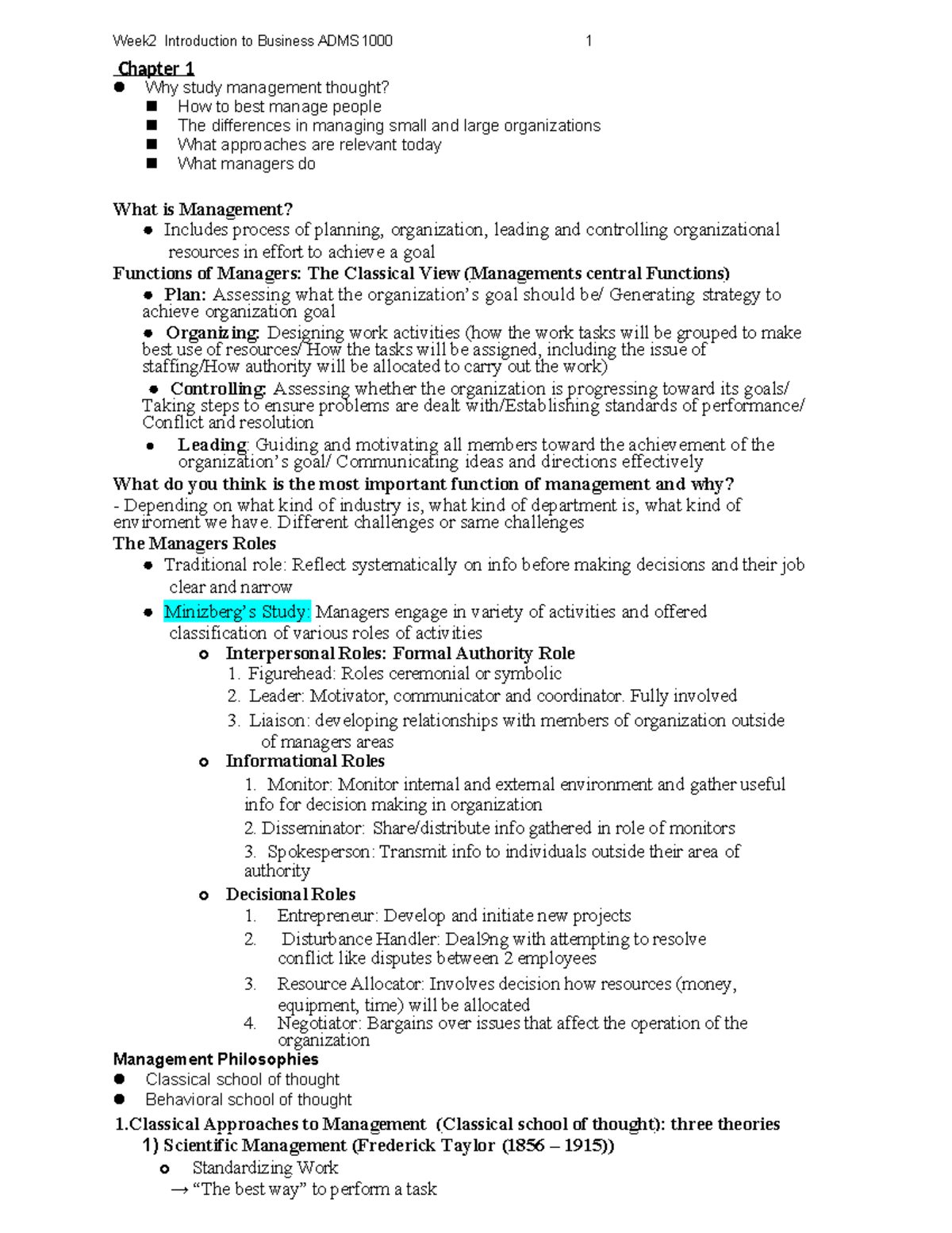 Week 2 - Class Notes - Lecture note - Chapter 1 Why study management ...