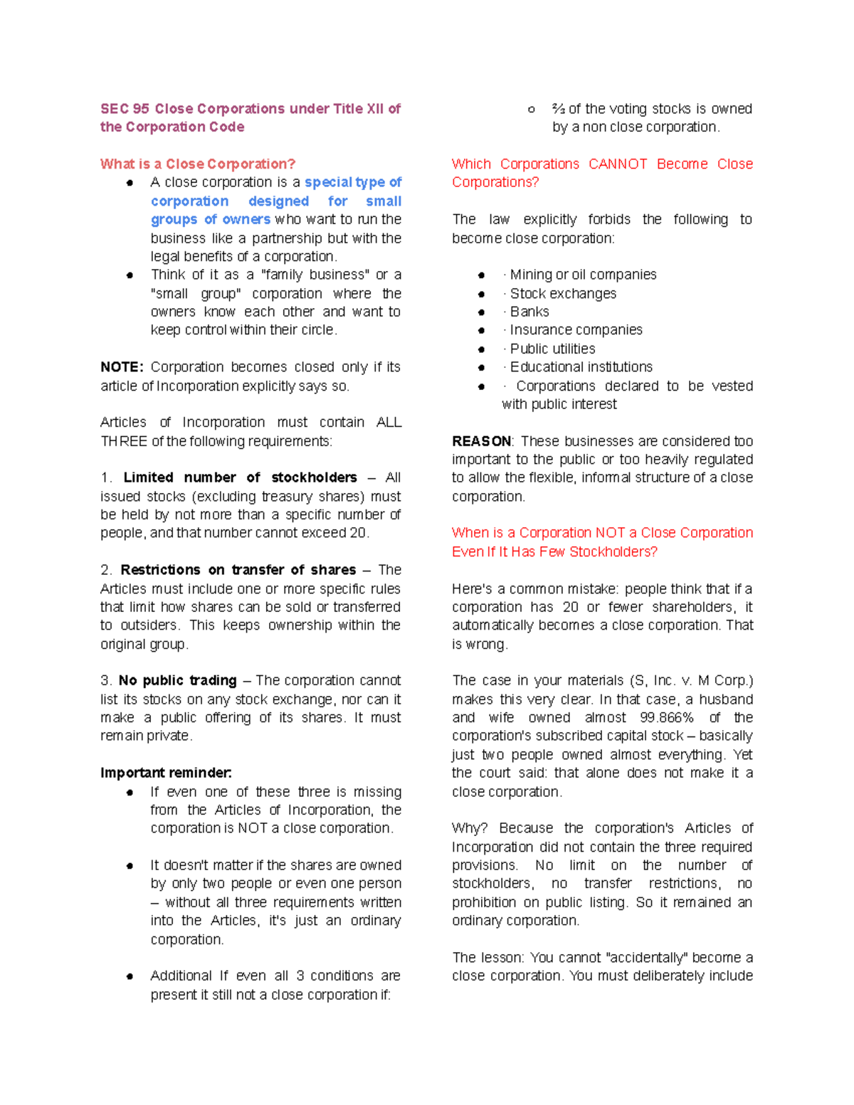 SEC 95-114: Understanding Close Corporations and Their Unique Features ...