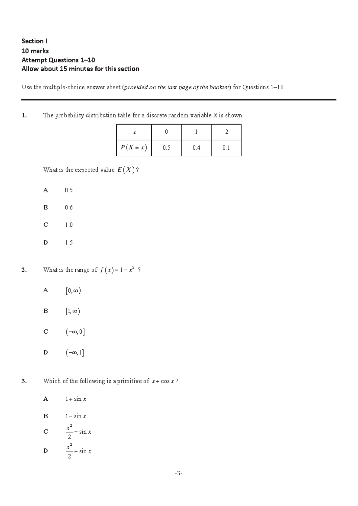 Math Advanced Trial Sample Questions - Section I 10 marks Attempt ...
