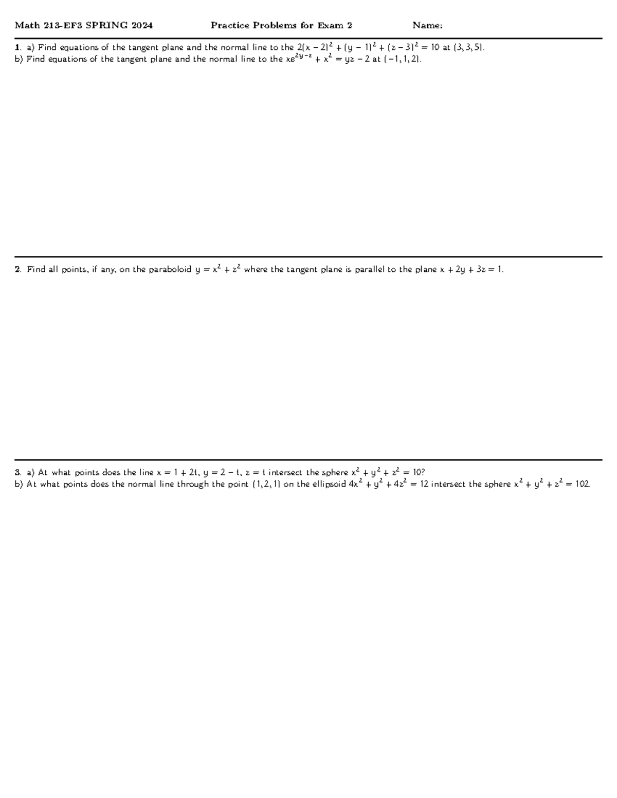 Math 213 Exam 2 Practice Questions Spring 2024: Problem Set - Studocu