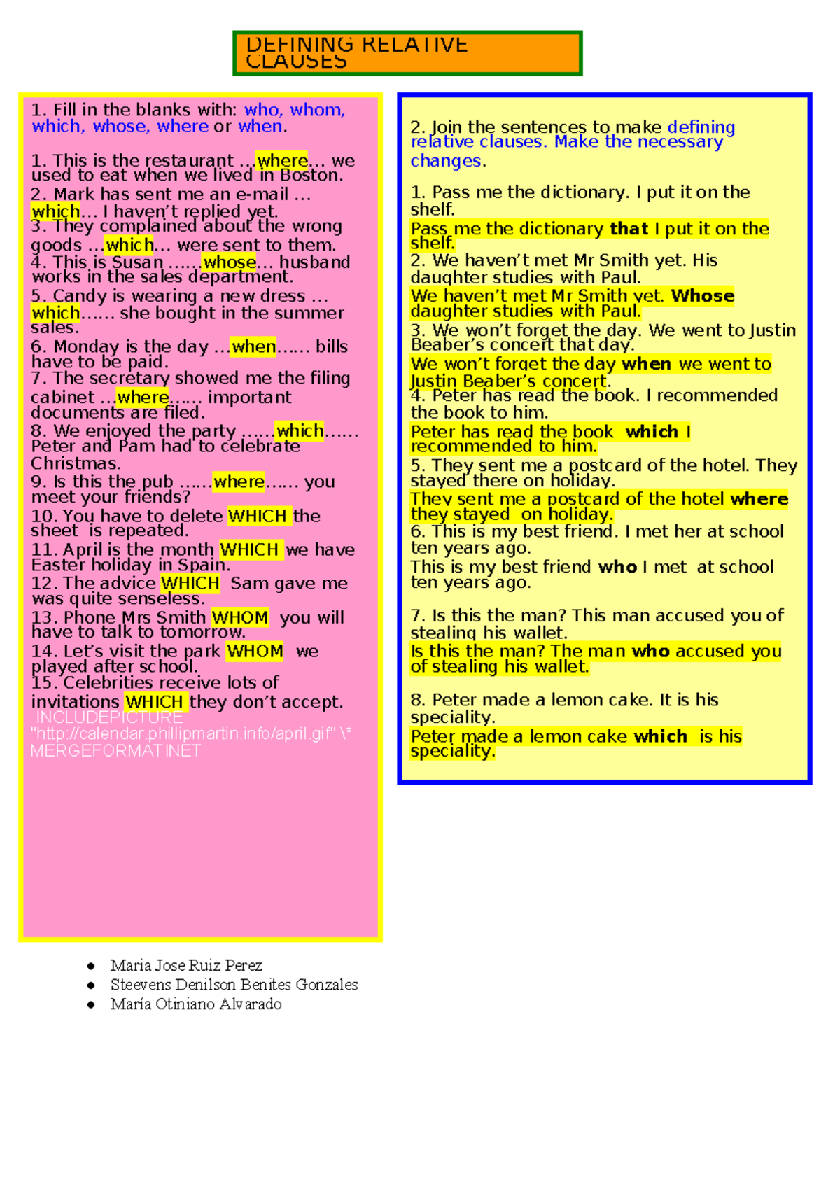 Defining Relative Clauses Worksheet - Maria Jose Ruiz Perez Steevens ...