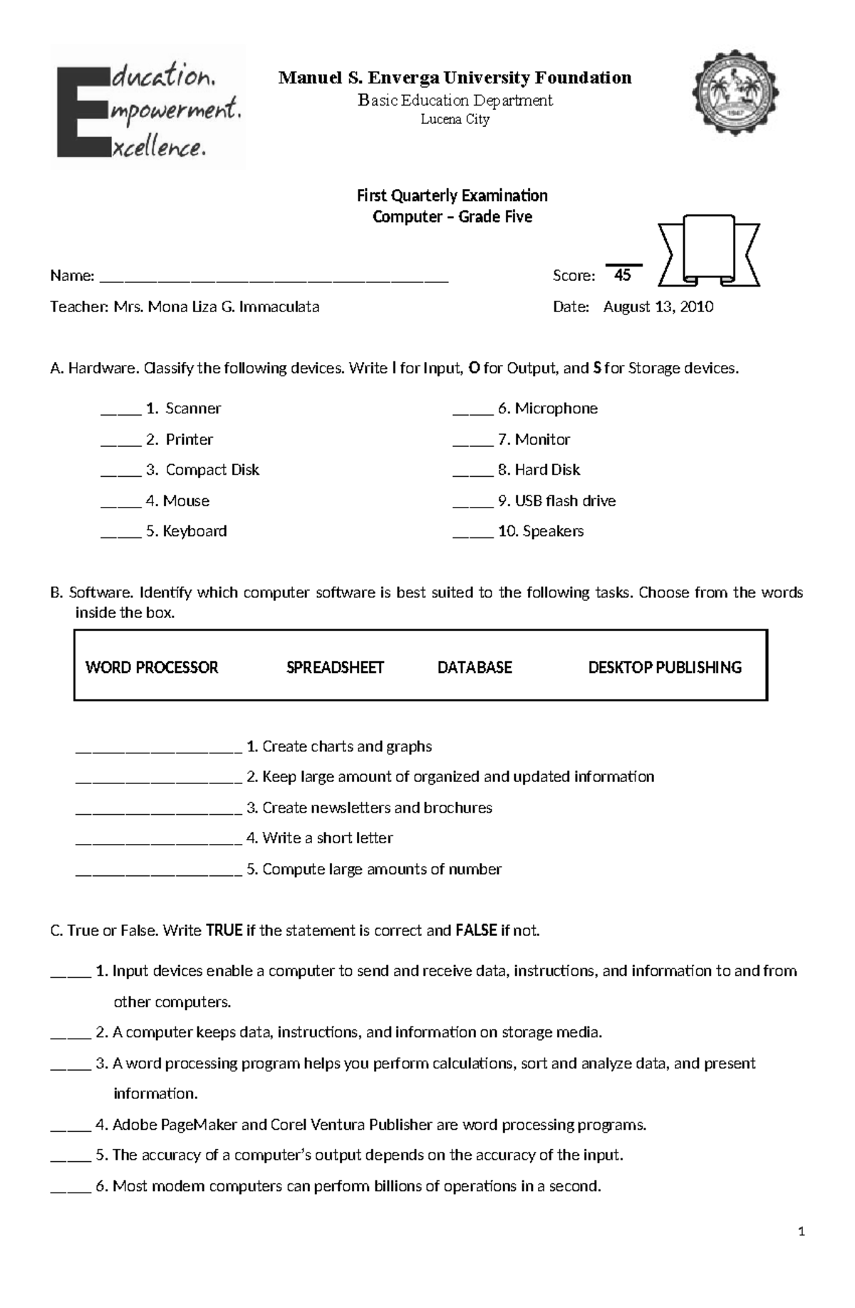 Gr5 - 1st Qtr Exam: Computer Basics Drill - Studocu