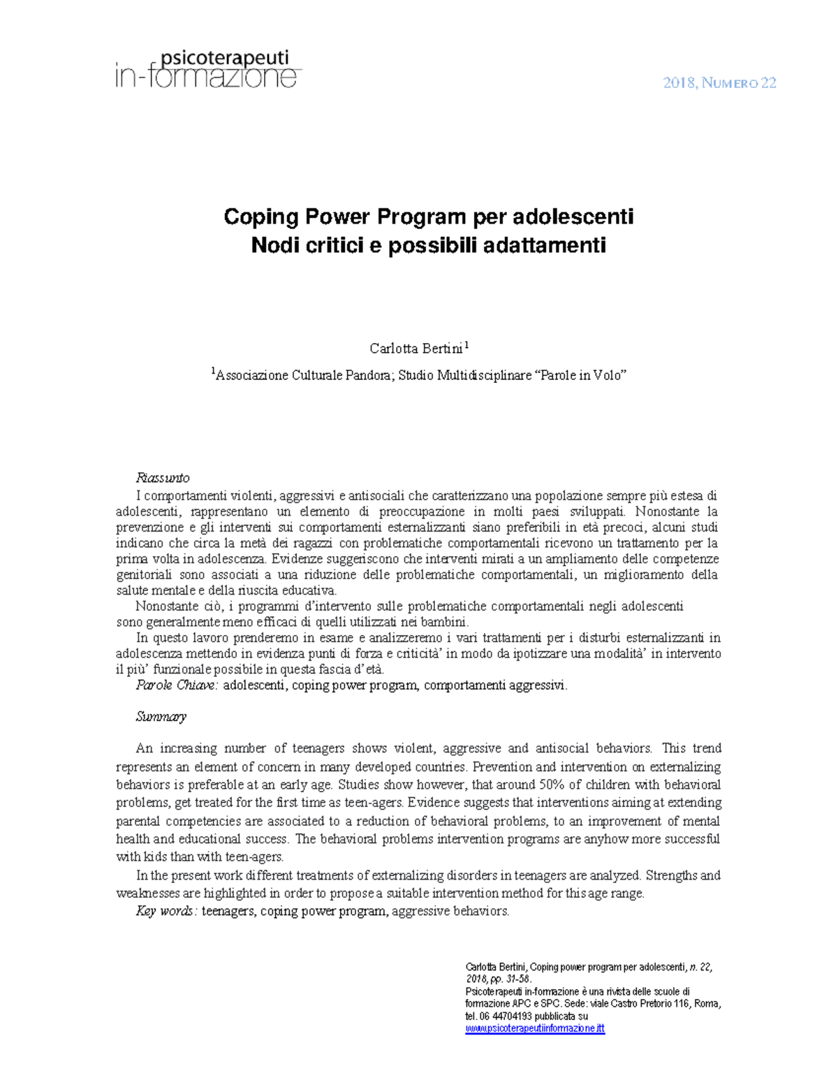 Coping Power Program per Adolescenti: Analisi e Adattamenti (2018 ...