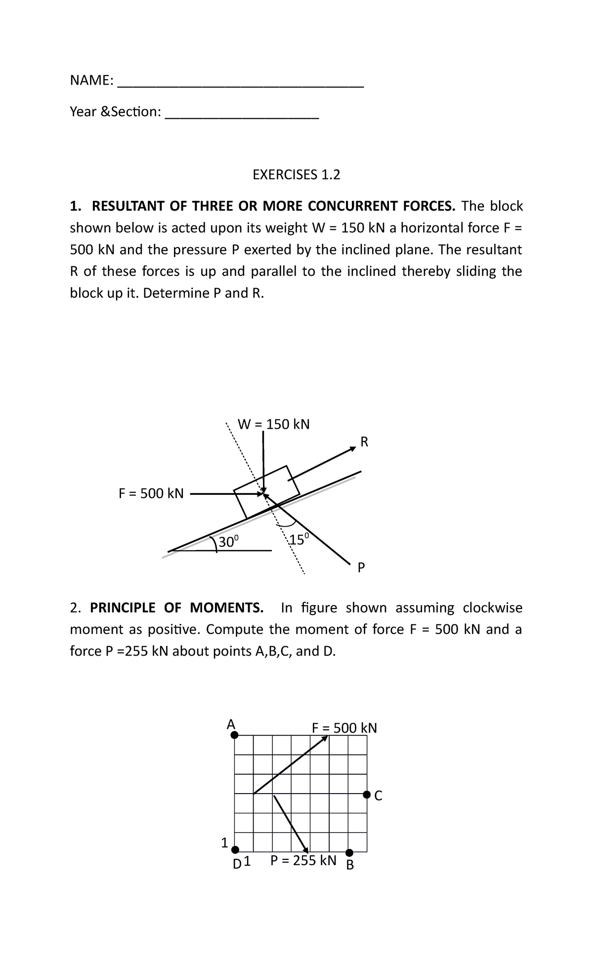ENGR 101: Engineering Mechanics Exercise Set 1 - Studocu