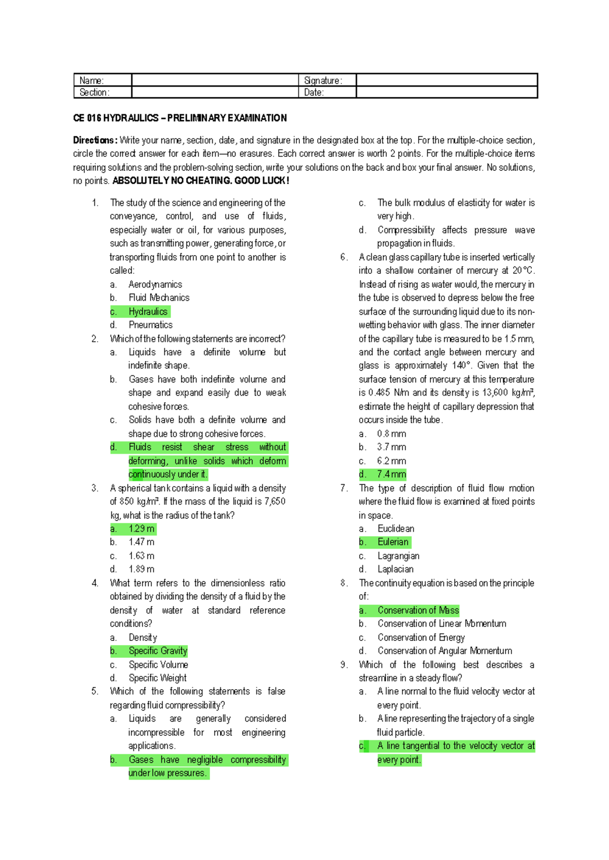 CE 016 Hydraulics Preliminary Exam Questions and Solutions - Studocu