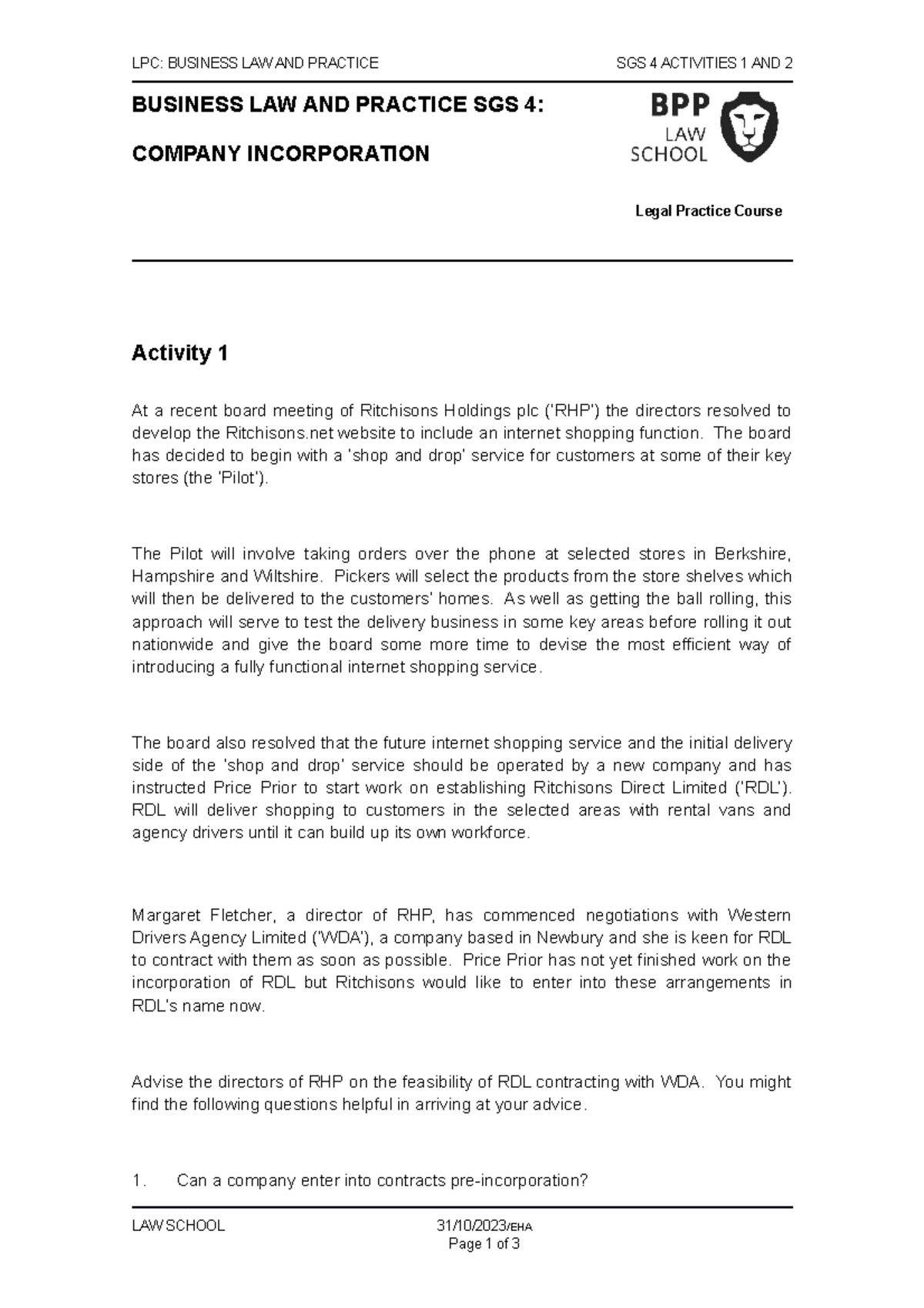 BLP SGS 4 Activities 1&2: Ritchisons Direct Limited Advice Note - Studocu