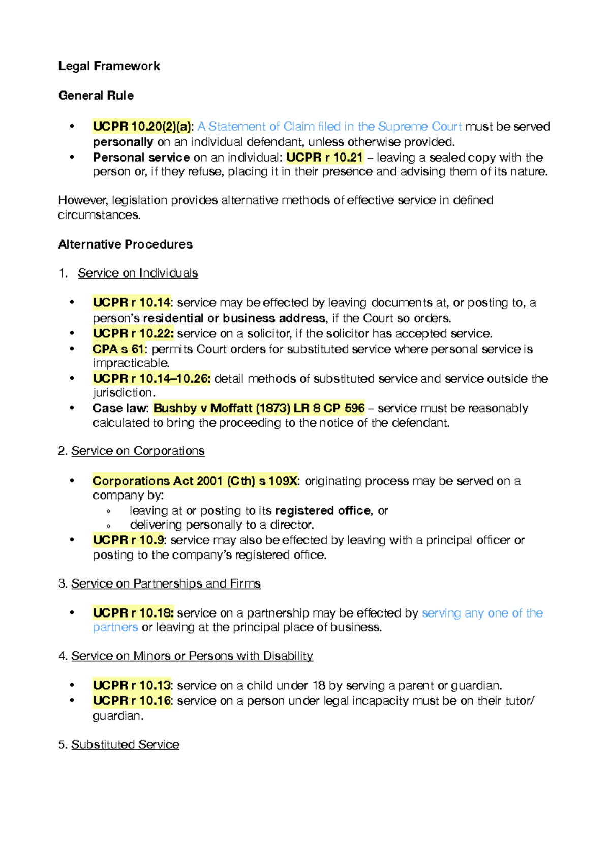UCPR 10.20(2)(a) Service - Practice Question on Legal Framework - Studocu