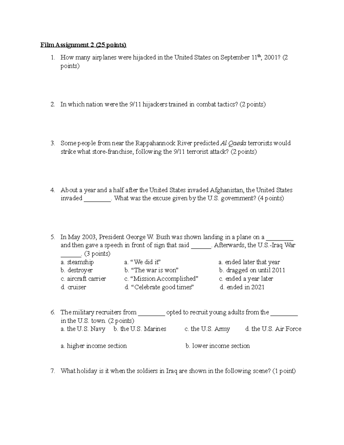 Film Assignment 2-2: Critical Questions on 9/11 and U.S. Warfare - Studocu
