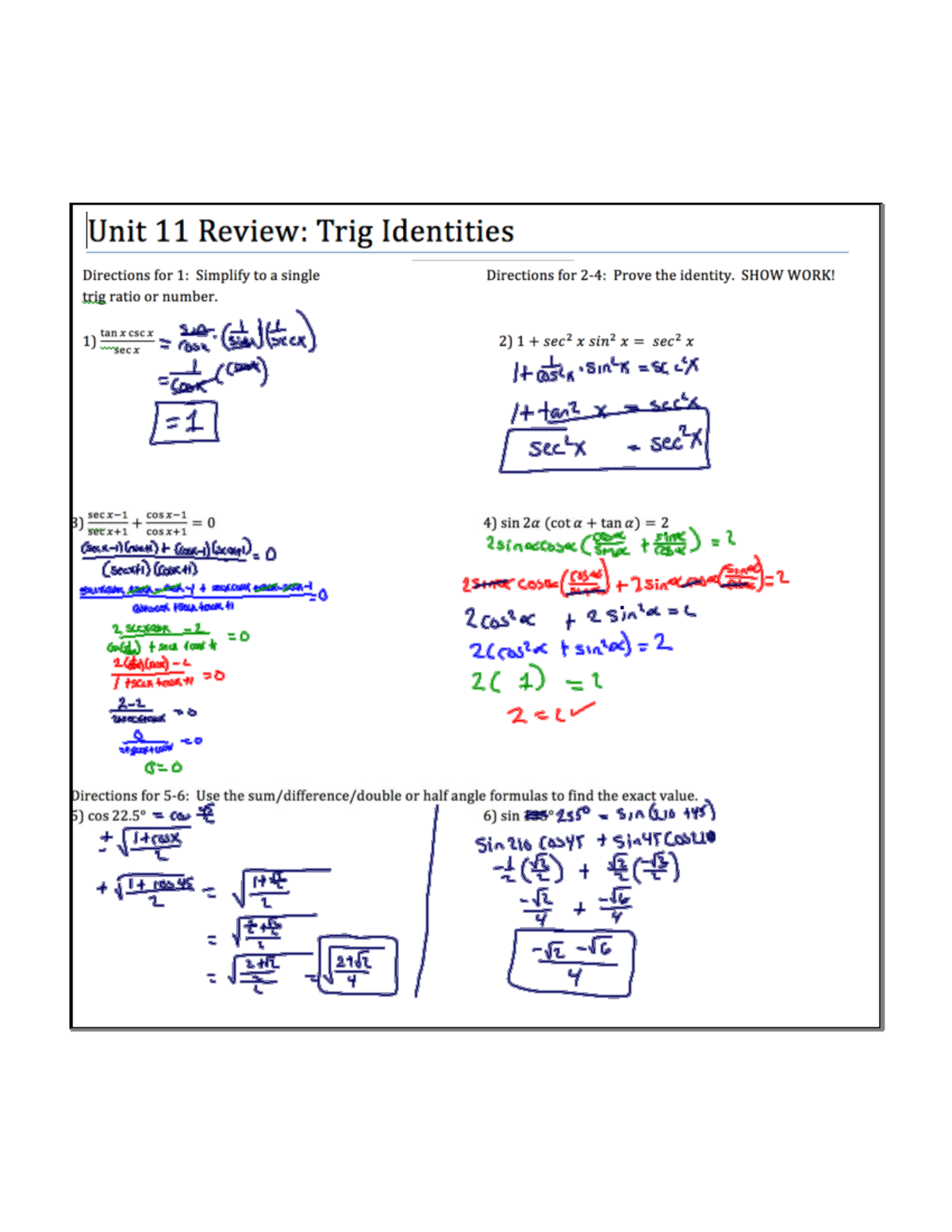 Unit 11 Review Solutions: Trig Identities Simplification - Studocu