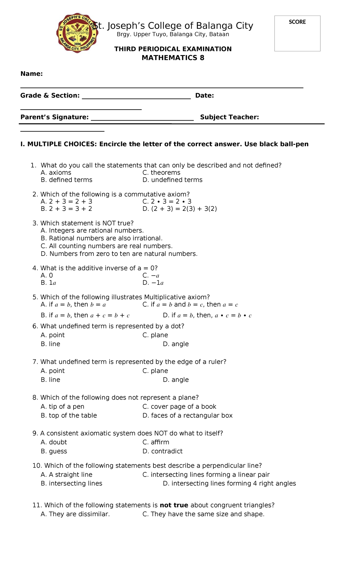 3RD PT PT Math 8 - Mathematics 8 3rd quarter examination - St. Joseph’s ...