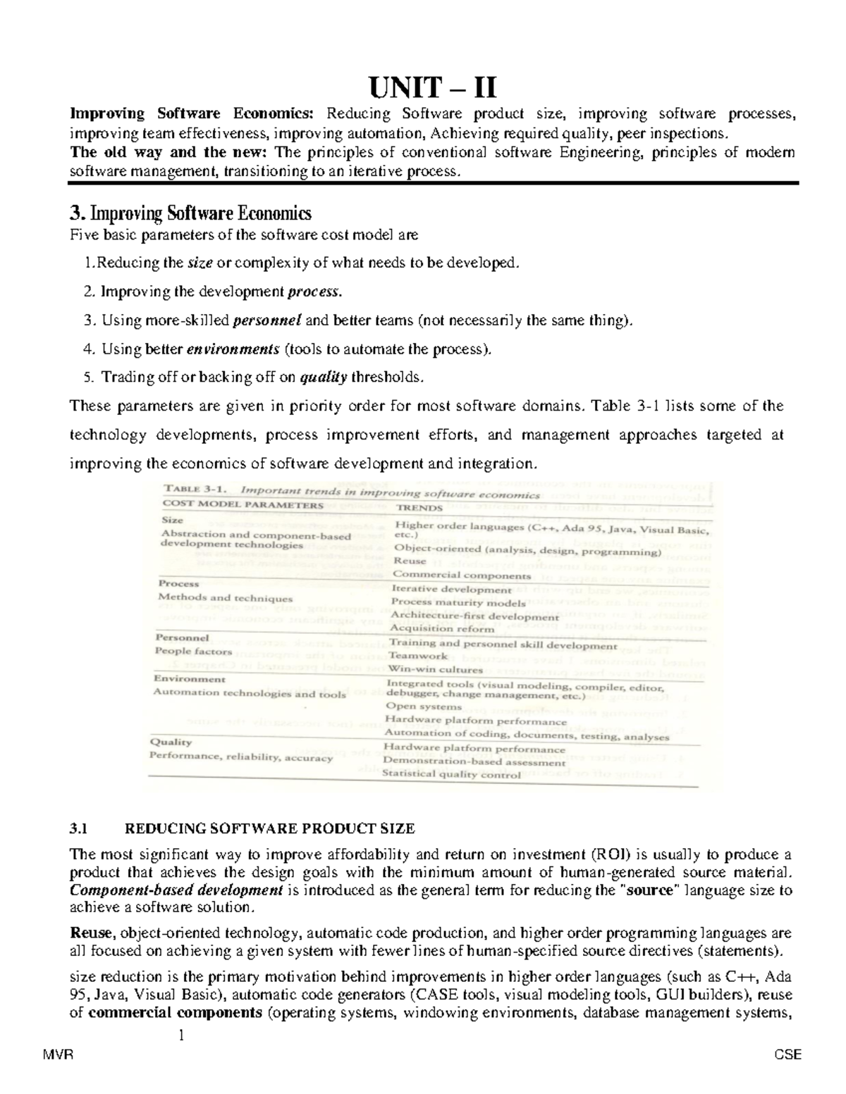 Unit II: Enhancing Software Economics - Strategies for Improvement in ...