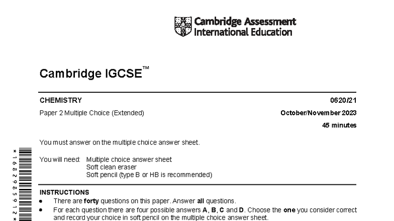 Cambridge CHEMISTRY 0620 W23 Paper 2 MCQ (Extended) Exam Guide - Studocu