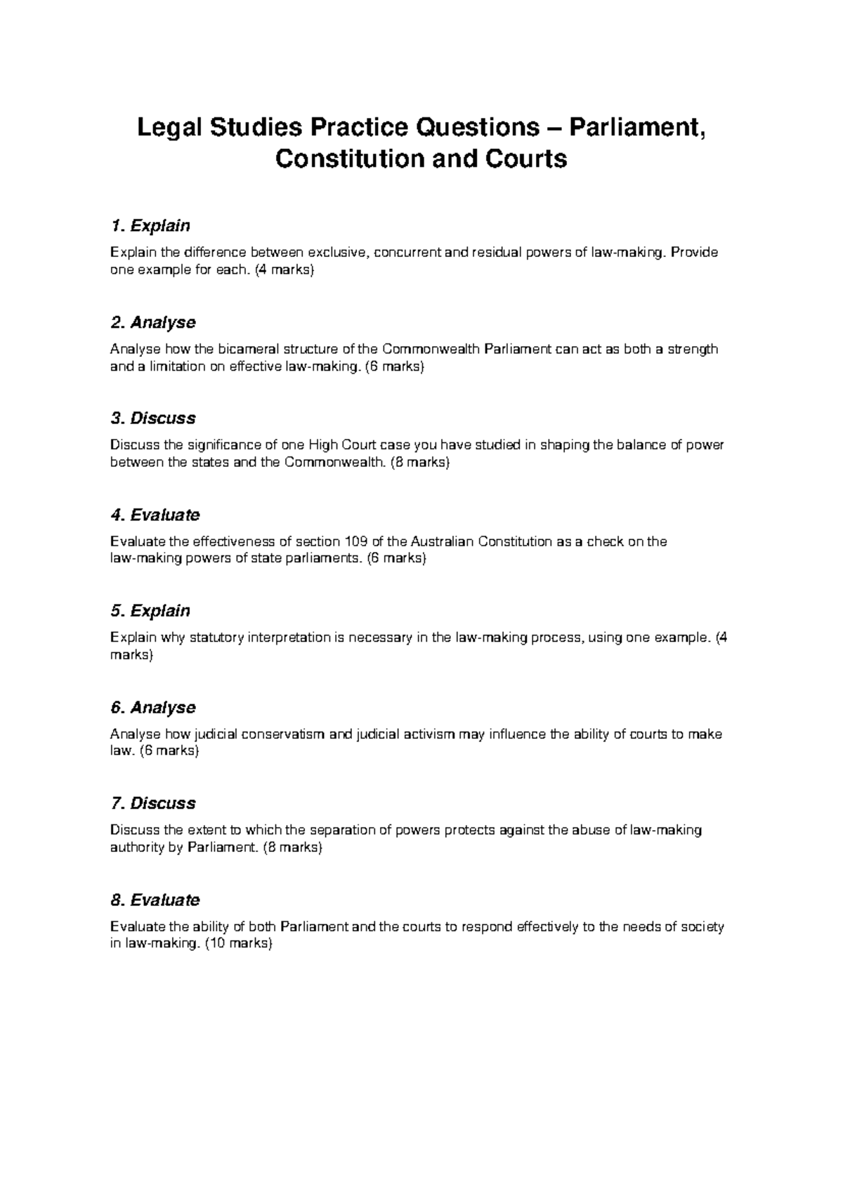 Legal Studies Practice Questions: Parliament, Constitution & Courts ...