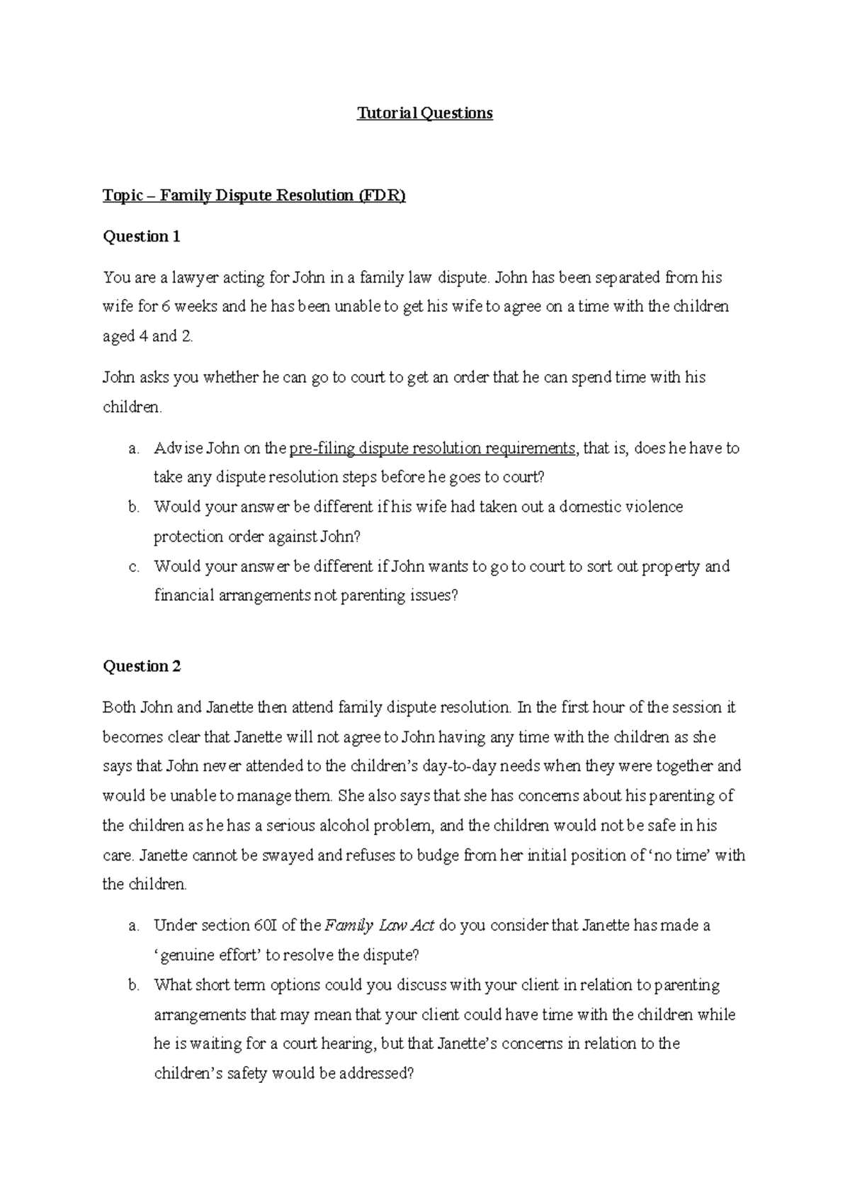 LLB243 Tutorial 4: Family Dispute Resolution Questions - Studocu
