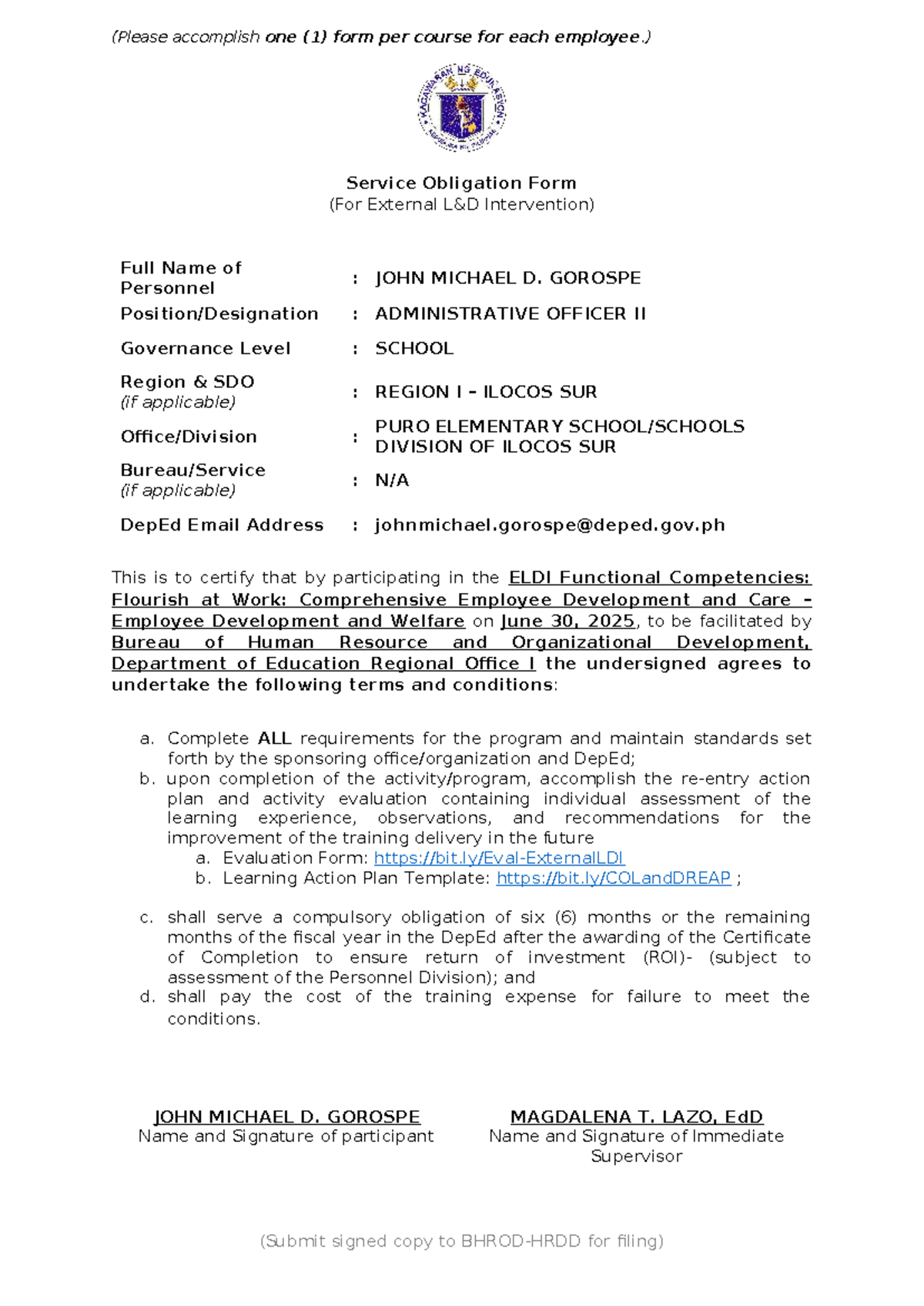 Service Obligation Form for ELDI Program - John Michael D. Gorospe ...