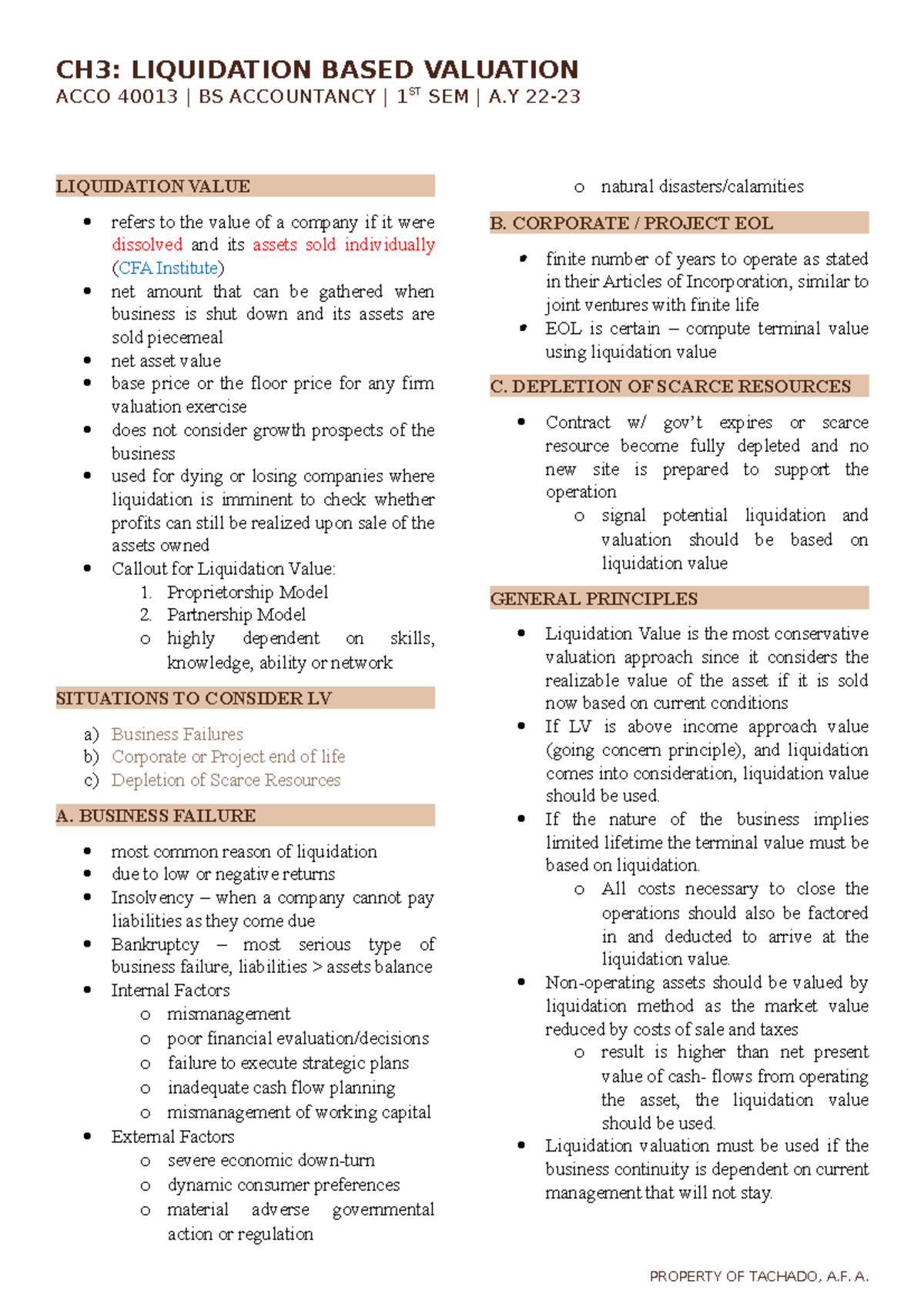 Liquidation Based Valuation - ACCO 40013 BS Accountancy Notes - Studocu