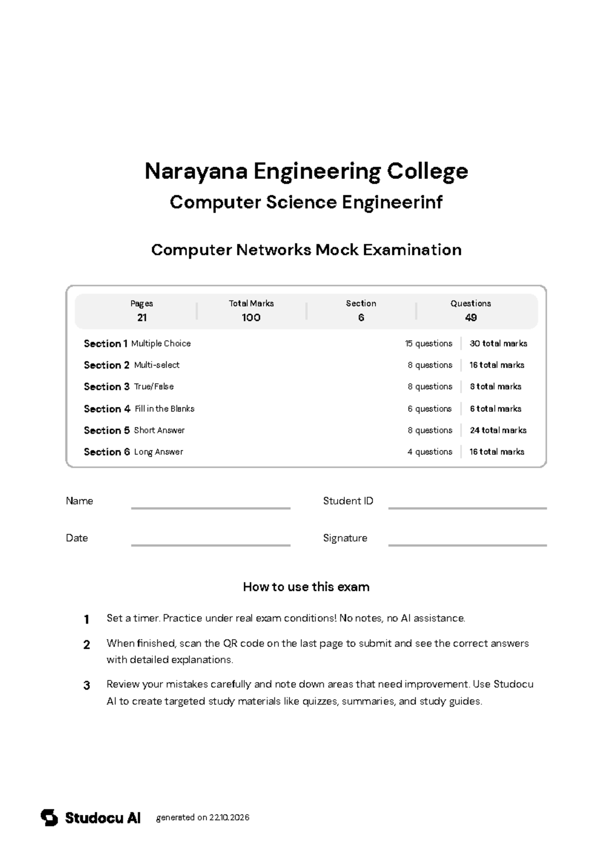 Computer Networks Mock Examination - Studocu