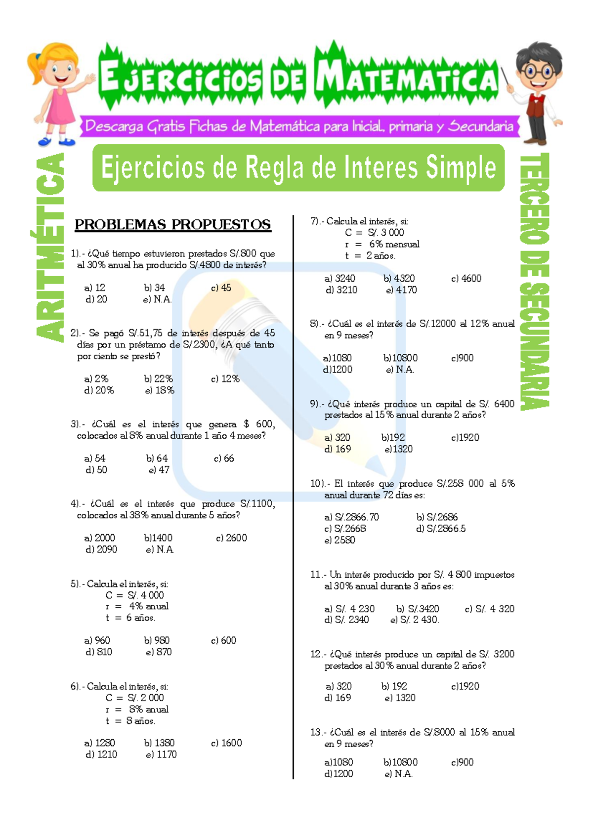 Ejercicios de Interés Simple para Tercero de Secundaria - Studocu