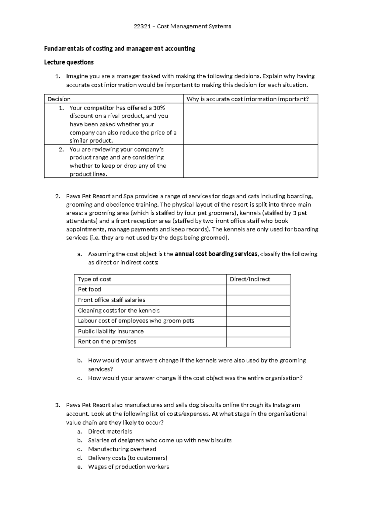 22321 Cost Management Systems: Lecture Questions on Costing Decisions ...