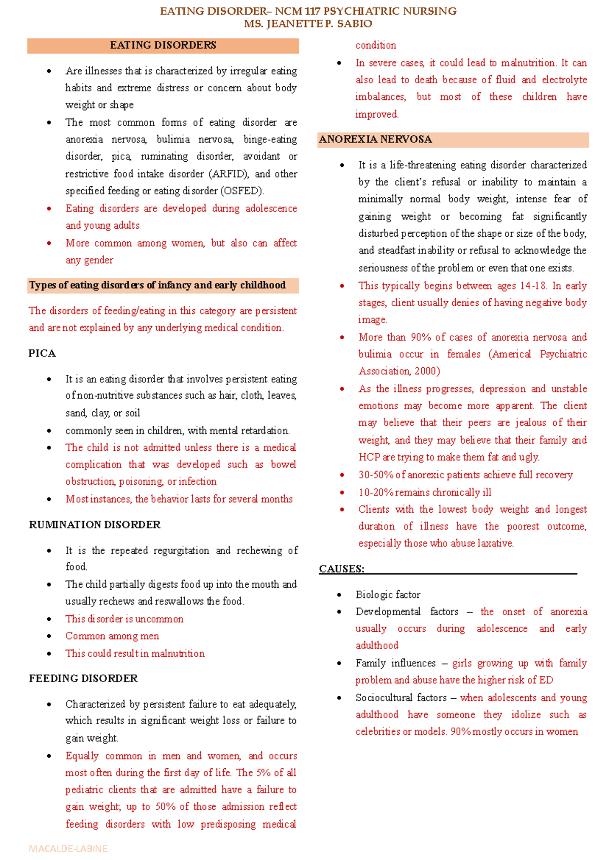 Eating Disorders: Symptoms, Diagnosis, and Nursing Care Overview - Studocu
